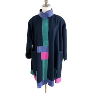 Osgood Smuk Black/Multicolor Wool Oversized Coat w Suede Patches OSFM High Neck
